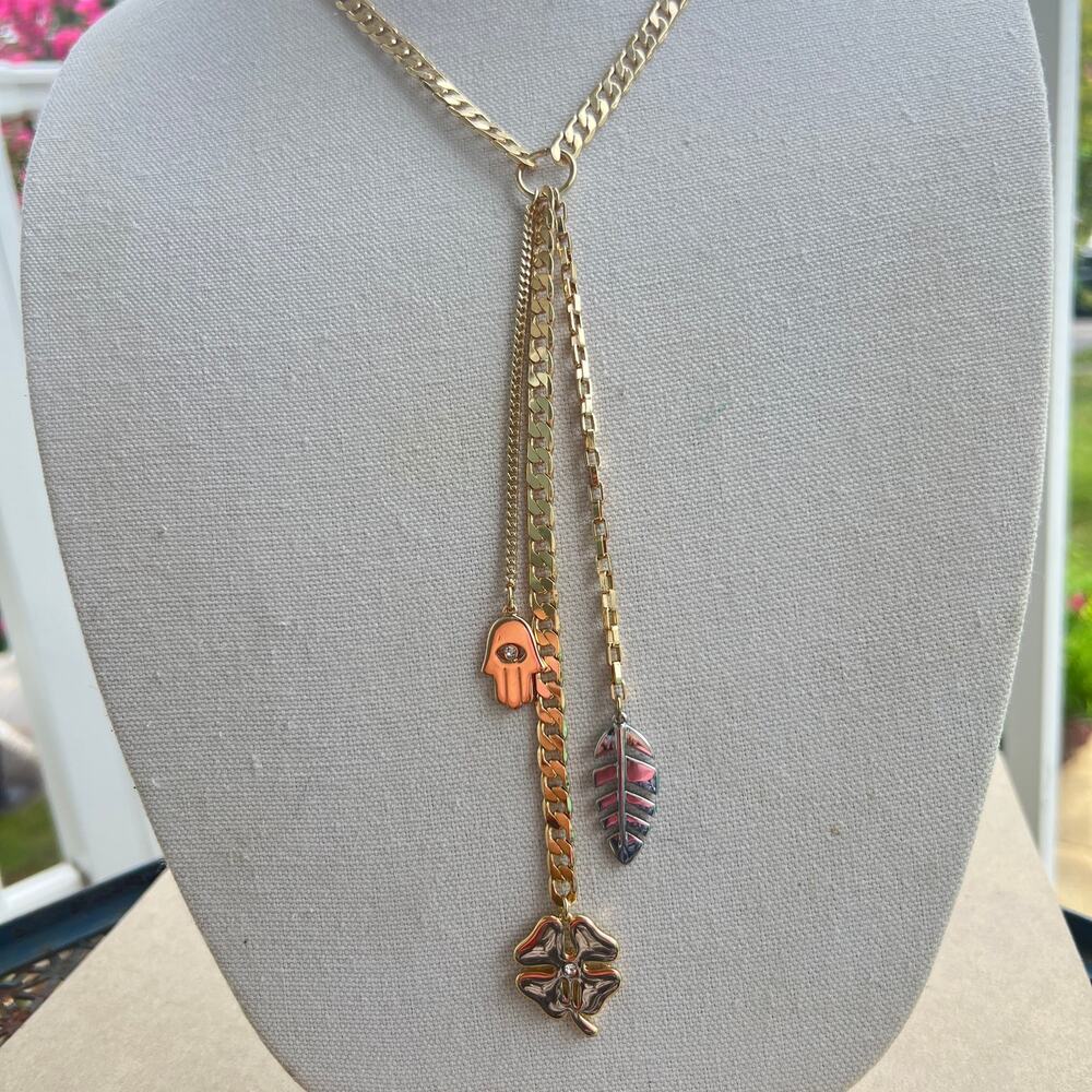 Express Long Y Drop Pendant Necklace Gold Silver Hamsa Leaf Clover Boho Y2K